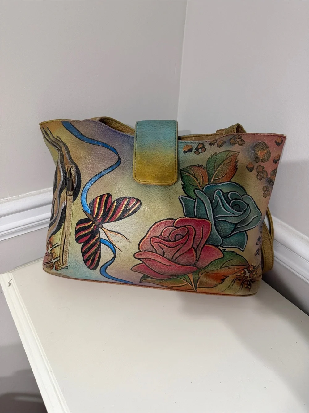 Anna Anuschka Hand-Painted Floral & Butterfly Tote Bag in Multi-Color